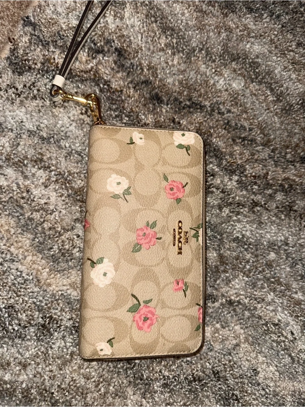 Coach Beige Floral Signature Wristlet with Pink Accents